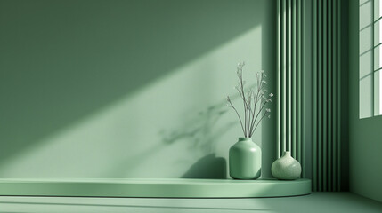 Fouce on a green podium on the shelf next to a green wall, in the style of white and cyan, daz3d, delicate lines, minimalist color field, texture-rich surfaces, stripes and shapes, rounded