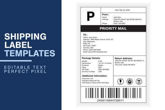 Simple Custom Shipping Label Design Template with Sender, Recipient, Package Details, and Customs Information for Efficient Shipping	