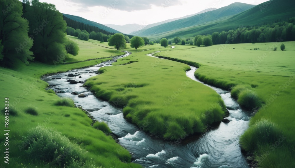 Poster a tranquil scene captures the gentle curves of a river flowing through vibrant green meadows, flanke