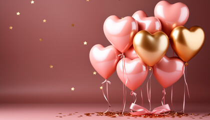 Fondo para cumpleaños fiesta y celebración con globos con forma de corazón rosa, dorados blancos y tonos pastel con confeti.