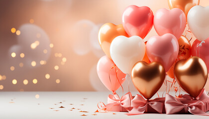 Fondo para cumpleaños fiesta y celebración con globos con forma de corazón rosa, dorados blancos y tonos pastel con confeti.