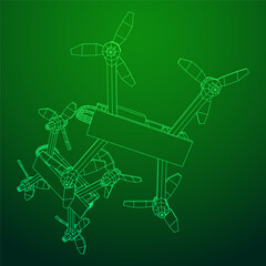 FPV Drone Racing freestyle sport flight. Hobby toys. Wireframe low poly mesh vector illustration.