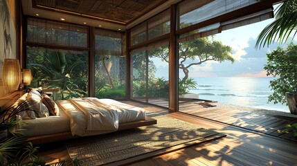 2305 34 COASTAL, Master Bedroom, Soft Lighting, beautiful composition, Indoor Context, Asia, Leading lines, centered in frame, natural light, photography