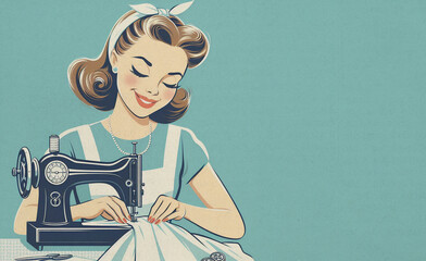 Paper textured vintage style illustration of cheerful young woman with apron and sewing machine isolated on blue background. Happy housewife of the 1950s concept. Copy space
