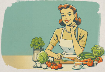 Paper textured vintage style illustration of cheerful young woman with apron preparing food in the kitchen. Happy housewife of the 1950s concept. Copy space
