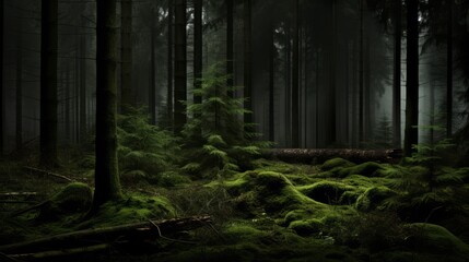 The dark forest is covered with moss on the ground, surrounded by tall trees