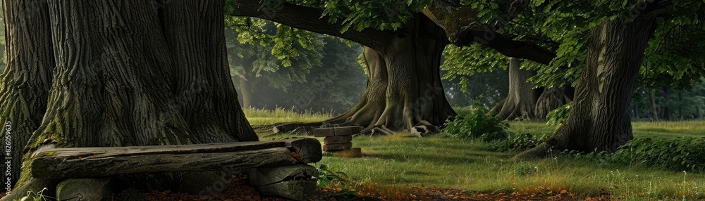 Poster a tranquil forest scene with ancient, large trees and lush greenery under a serene sky, creating a p