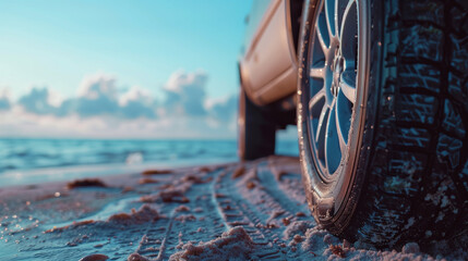 car on the beach showing tires in the sand 