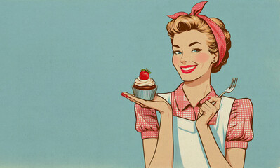 Paper textured vintage style illustration of cheerful young woman with apron holding cupcake in her hand and standing isolated on blue background. Happy housewife of the 1950s concept. Copy space
