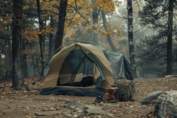 A cozy camping scene with a tent, backpack, and camping gear in a forest during autumn