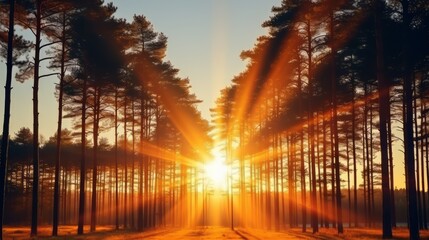 The sunlight filters through the trees in the forest under the clear sky