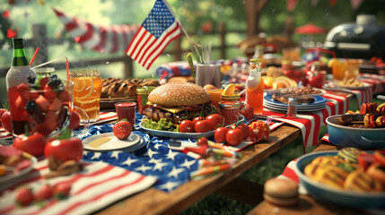 A close-up of a picnic table decorated for a Fourth of July cookout, with patriotic decorations, an...