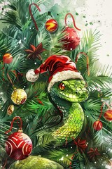 Green snake in a red cap, Christmas tree decorated with Christmas tree decorations, in a watercolor drawing