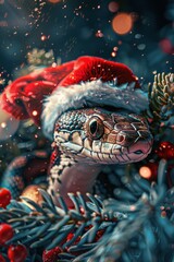 Snake in a red Christmas hat on a background of fir branches