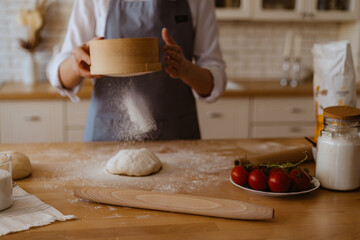 woman is preparing dough for baking, rolling pin in foreground