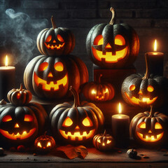 Fototapeta premium Candle lit Halloween Pumpkins in the night