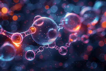 Abstract representation of molecules with colorful spheres and connecting rods on a dark background