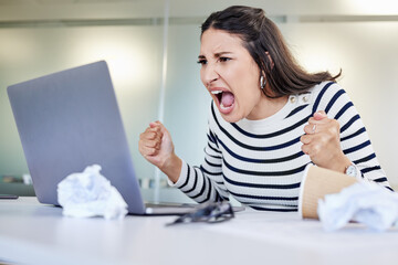 Angry, woman and screaming at computer frustrated with stress from online glitch, mistake or...