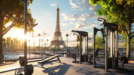 eiffel tower with gym equipment out the front  - Powered by Adobe