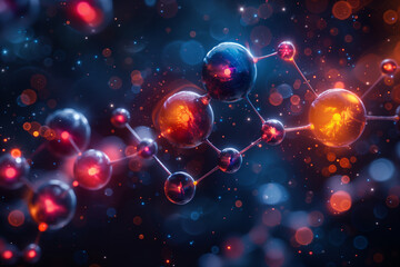 Abstract representation of molecules with colorful spheres and connecting rods on a dark background