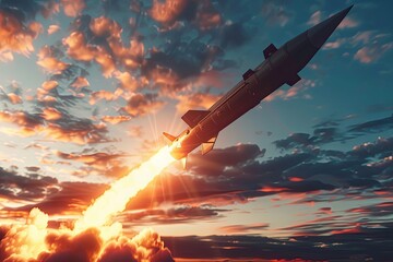 A rocket is seen launching into the sky with clouds in the background