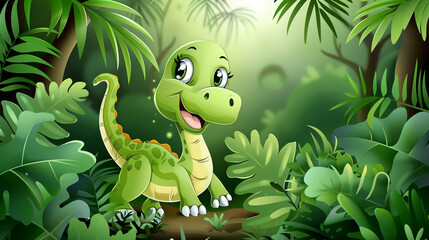 A cartoon dinosaur with a long neck and a green body with dark green spots