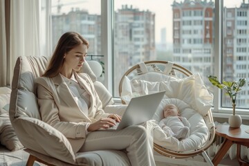 Young freelance mom works at the computer with her newborn baby in her arms in a bright interior. Working from home, remote work, motherhood, balancing household chores and childcare, time management