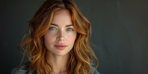 Fototapeta premium Portrait of a woman with freckles and wavy hair on gray background, with serene expression