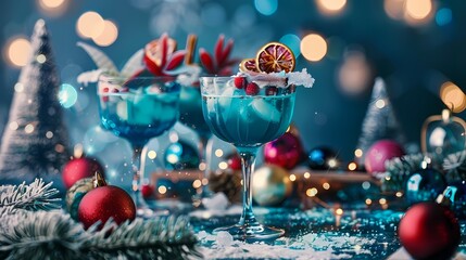 Colorful cocktail drinks garnished with teal-themed decorations, epitomizing festive spirit.