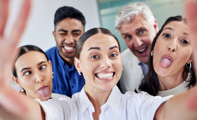 Selfie, funny and portrait of business people in office with team building, bonding or friendship....