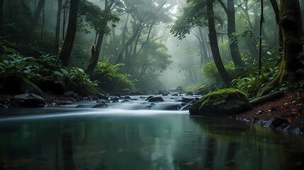 A cascading waterfall surrounded by lush green trees in a refreshing natural landscape. Generative AI