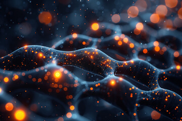 Close-up of molecular structures with glowing particles and lines representing bonds