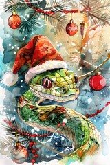 Green snake with Santa hat in front of a Christmas tree, watercolor background, spruce branches, and decorations.
