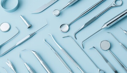Light blue background with various medical tools arranged in a pattern 