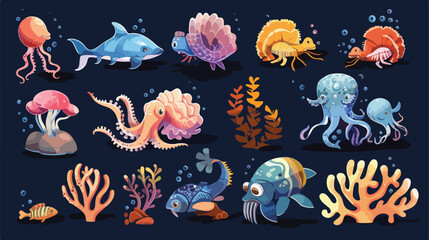 Seabed animals. Underwater animals in ocean cartoon