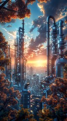 A futuristic cityscape with a sunset in the background. The sky is filled with clouds and the sun is setting, casting a warm glow over the city.