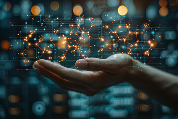 Hand holding a 3D molecular model against a background of scientific equations and diagrams