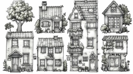 Doodle set of building facades isolated on transparent background. Hand drawn various facades of buildings for family accommodations