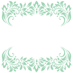 Vintage frame, border of stylized leaves, flowers and curls in light green lines on white background.