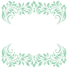 Vintage frame, border of stylized leaves, flowers and curls in light green lines on white background.