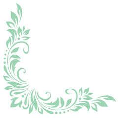 Abstract pattern, decorative element, clip art with stylized leaves, flowers and curls in light green lines on white background. Corner vintage ornament, border, frame