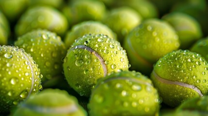 Close-up. Many vibrant tennis balls, pattern of balls used on tennis court for background, 