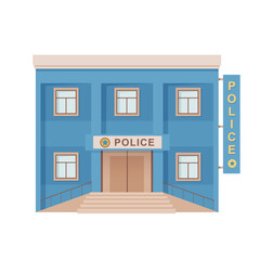 Police office building vector illustration. City modern cartoon policeman department facade. Front view of entrance in patrol construction. Public urban infrastructure infographics