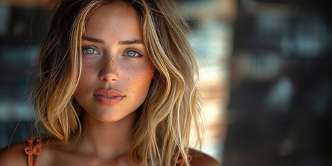 Obraz premium A portrait of a woman with sand in her hair and blue eyes, under sunlight, showing her beauty