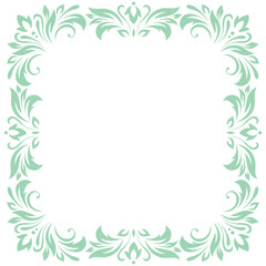 Square vintage frame, border of stylized leaves, flowers and curls in light green lines on white background. Vector backdrop, wallpaper