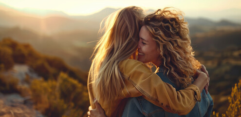 Two Women Hugging at Sunset with Scenic Mountain Background