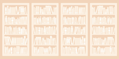 Library bookcases background. Interior of bookshop with bookshelves. Reading room in school, university, college. Modern cartoon vector illustration