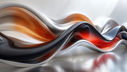 Abstract 3D rendering of flowing, metallic waves in silver, orange, and black.