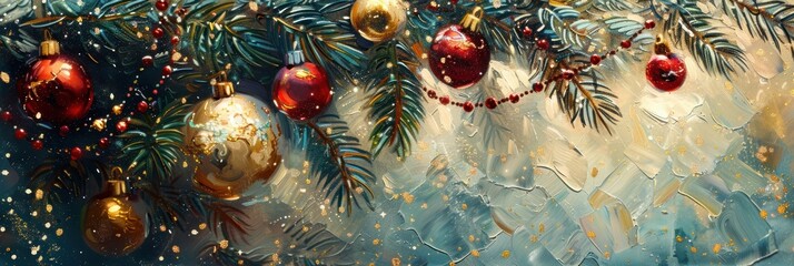 Holiday Christmas background with fir branches, tree toys, pine cones, snow, and snowflakes.