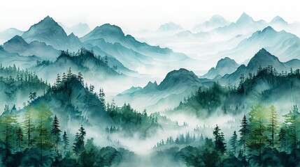 Forest landscape watercolor banner featuring green mountains